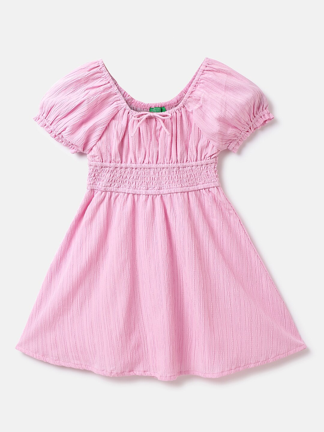 

United Colors of Benetton Square Neck Puff Sleeves Fit & Flare Cotton Dress, Pink