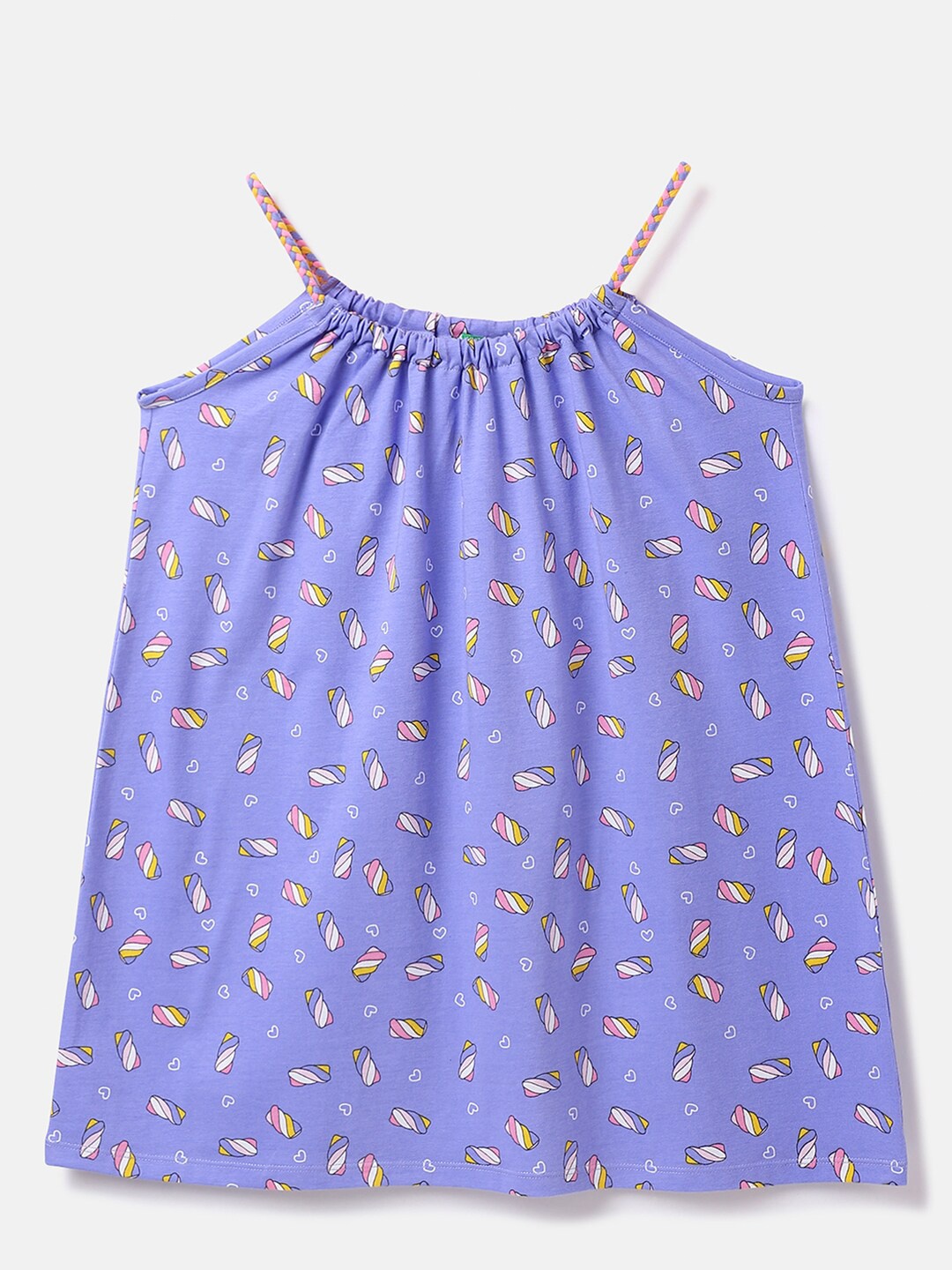 United Colors of Benetton Girls Graphic Printed Shoulder Strap A-Line Dress, Purple