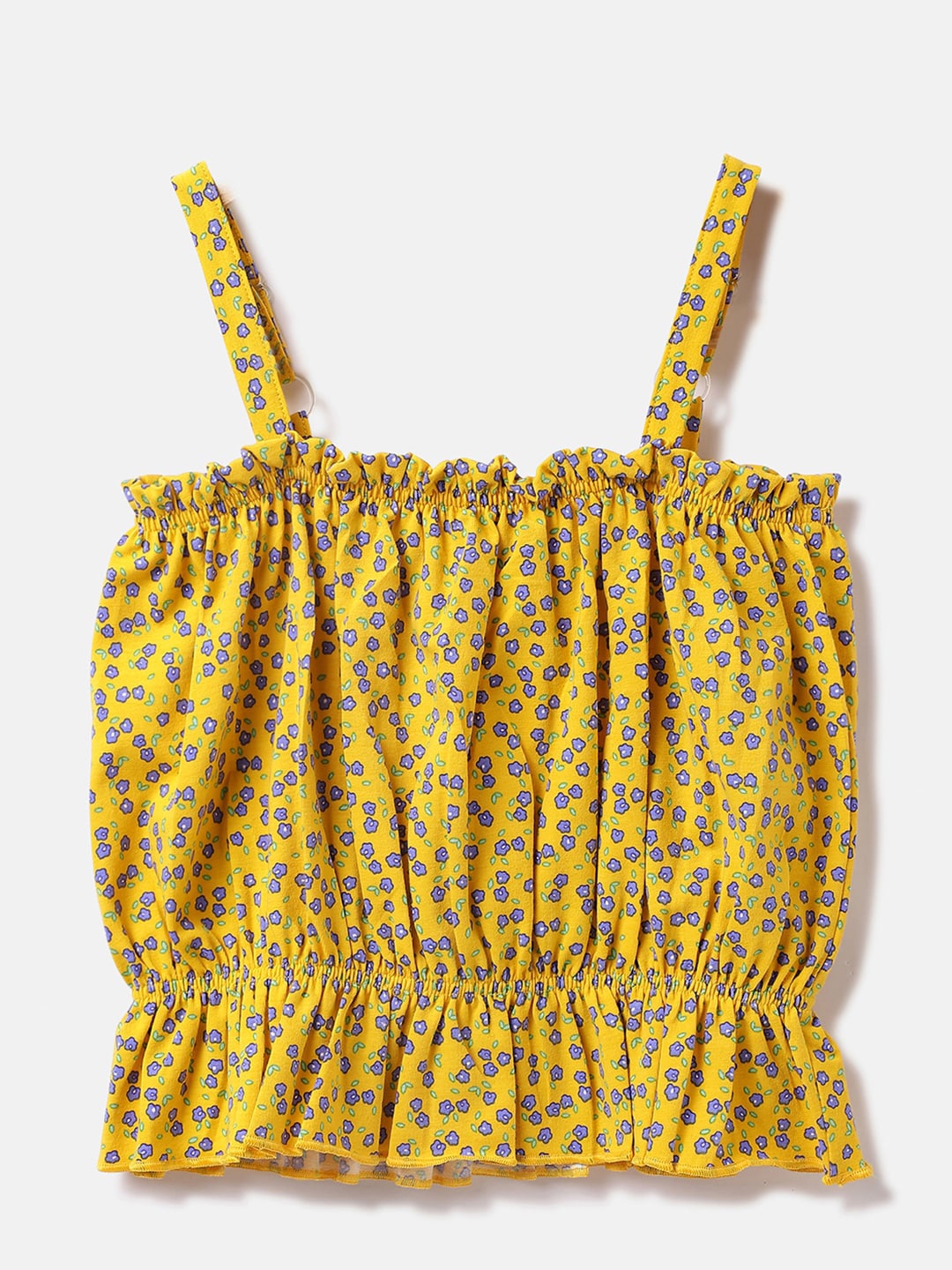 

United Colors of Benetton Girls Shoulder Straps Floral Printed Cinched Waist Cotton Top, Yellow