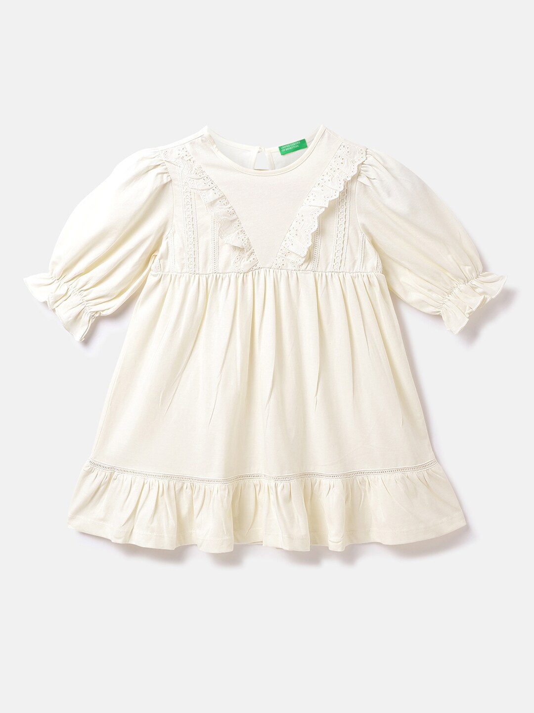 

United Colors of Benetton Puff Sleeves Cotton Schiffli Top, Off white
