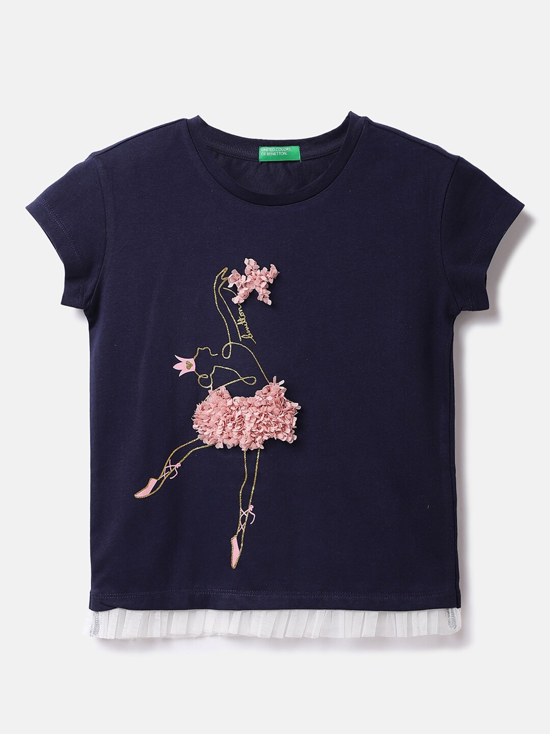 

United Colors of Benetton Girls Printed Round Neck Cotton T-shirt, Navy blue