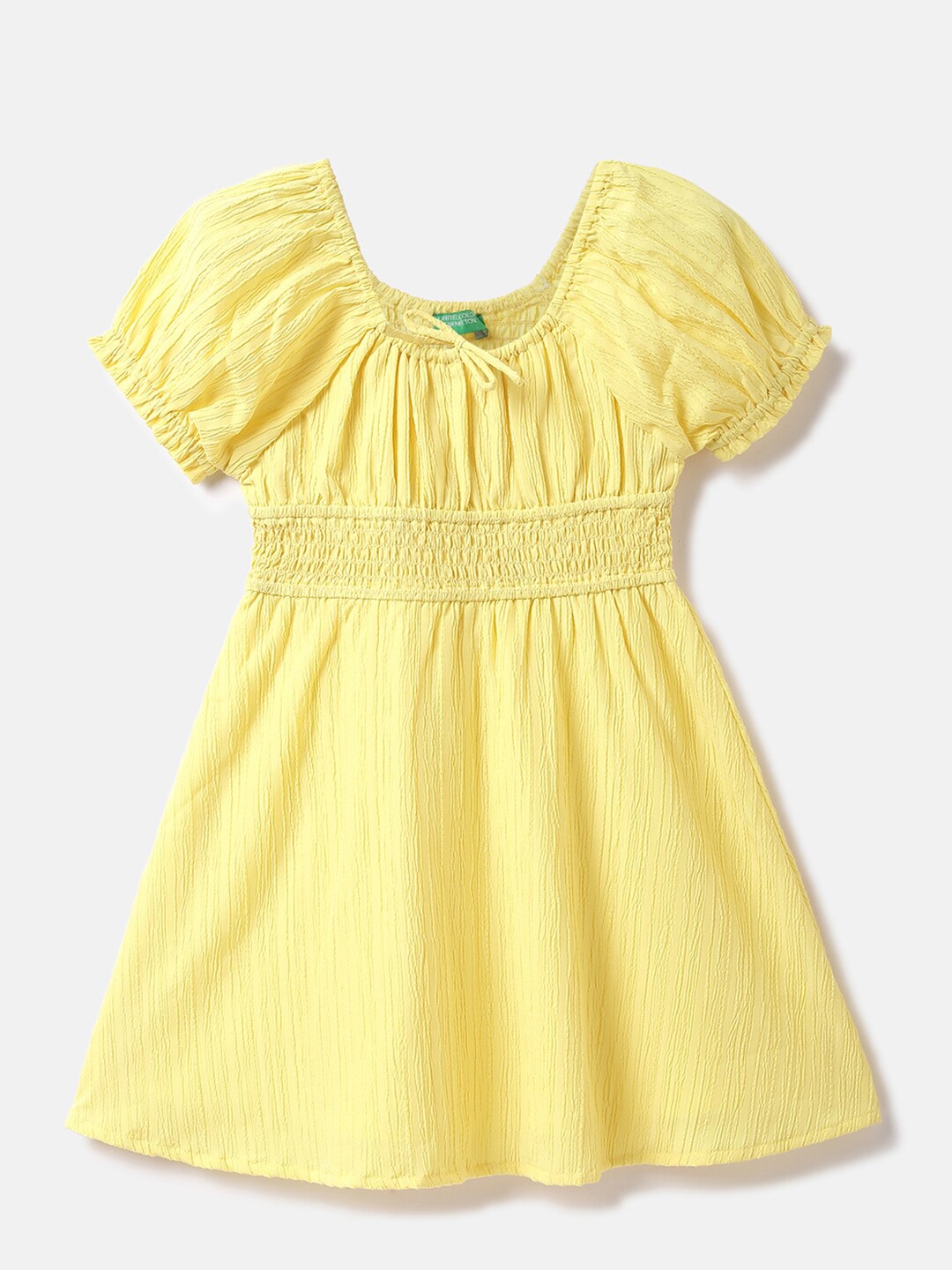 United Colors of Benetton Girls Tie-up Neck Puff Sleeves Cotton Dress, Yellow