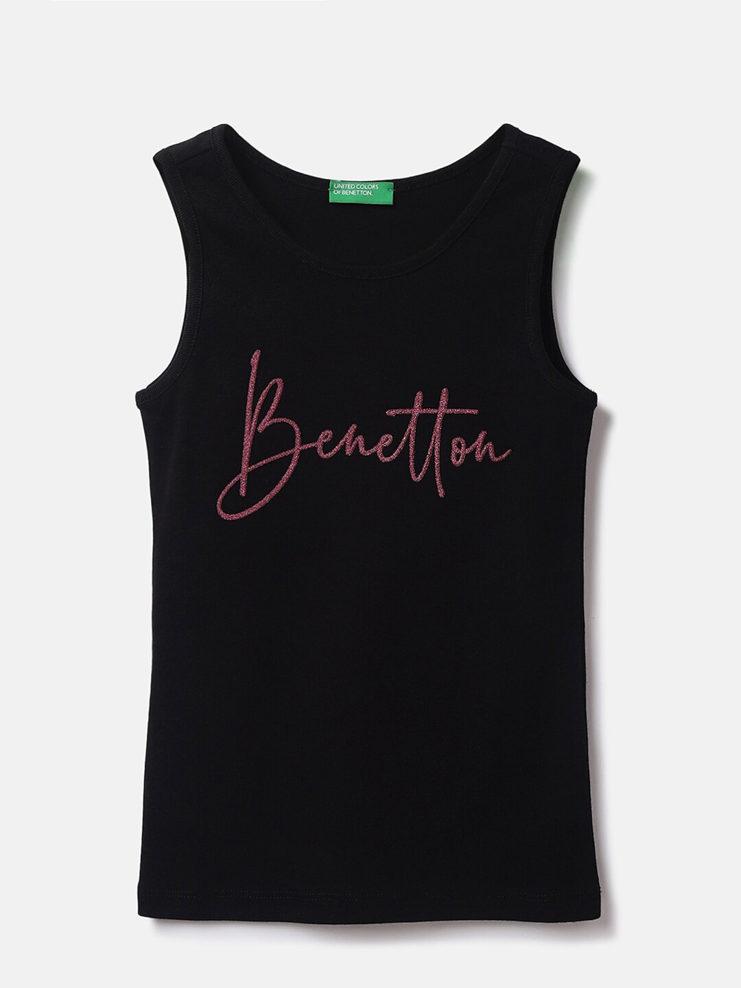 

United Colors of Benetton Girls Round Neck Typographic Printed Cotton Top, Black