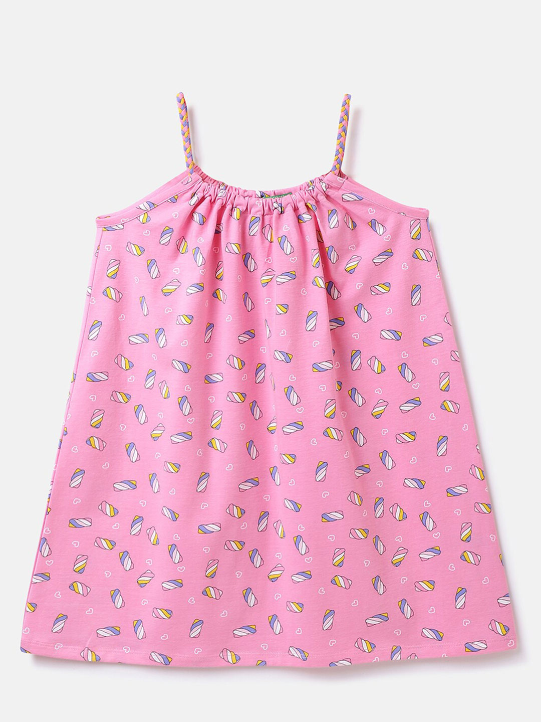 

United Colors of Benetton Girls Shoulder Straps Conversational Printed Cotton A-Line Dress, Pink
