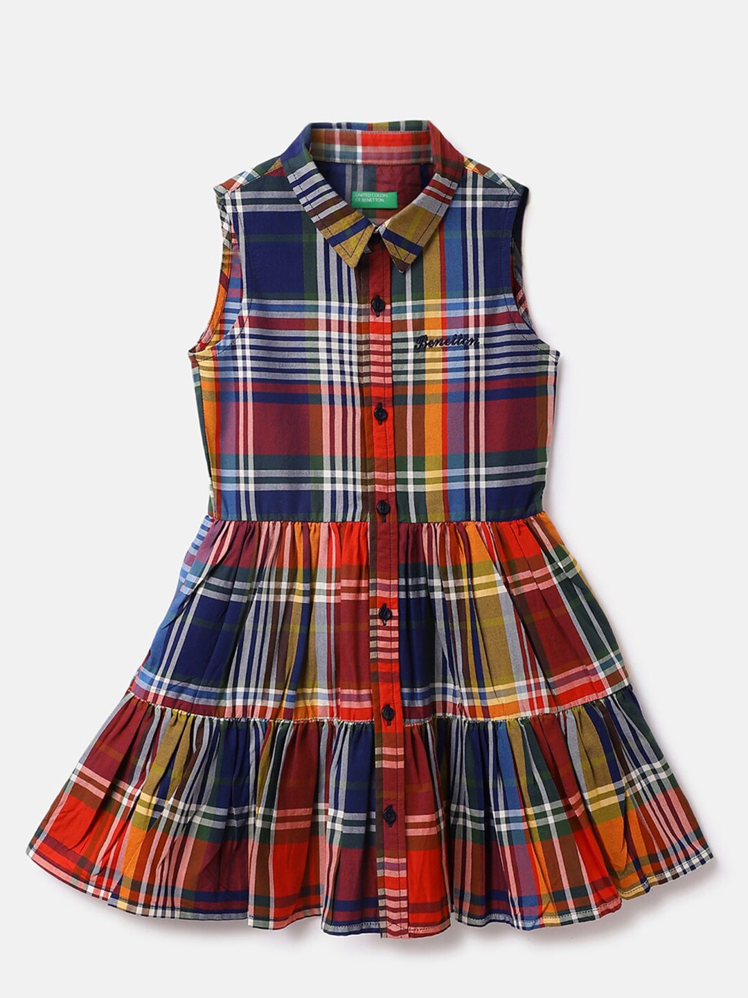 

United Colors of Benetton Girls Checked Spread Collar Cotton Shirt Dress, Red