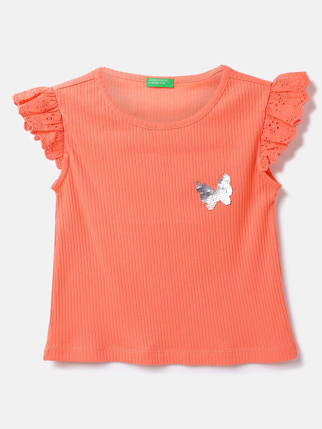 

United Colors of Benetton Girls Round Neck Schiffli Cap Sleeves Cotton Top, Coral