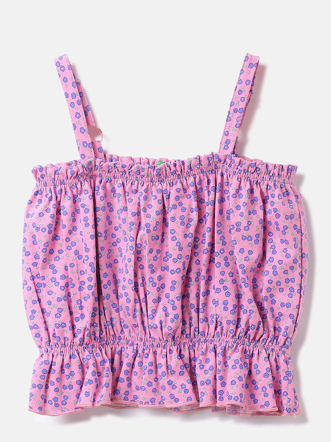 

United Colors of Benetton Girls Shoulder Straps Floral Printed Cinched Waist Cotton Top, Pink