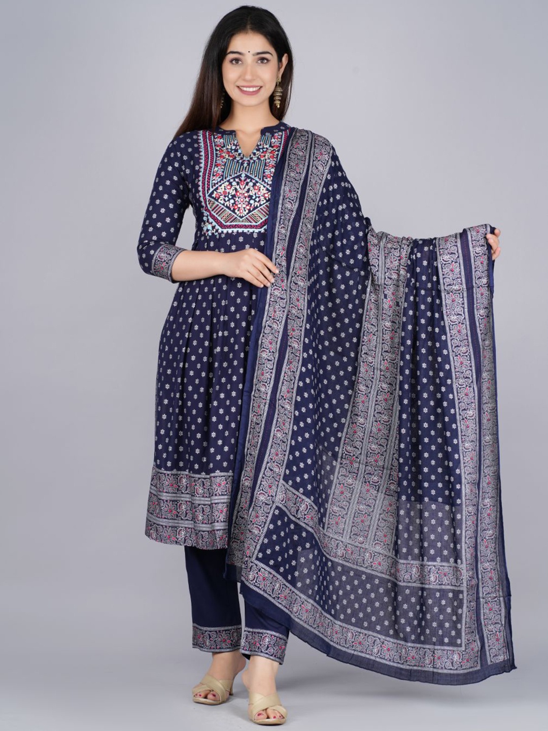 

FABISTA Ethnic Motifs Printed Pleated Mirror Work Kurta with Trousers & With Dupatta, Navy blue
