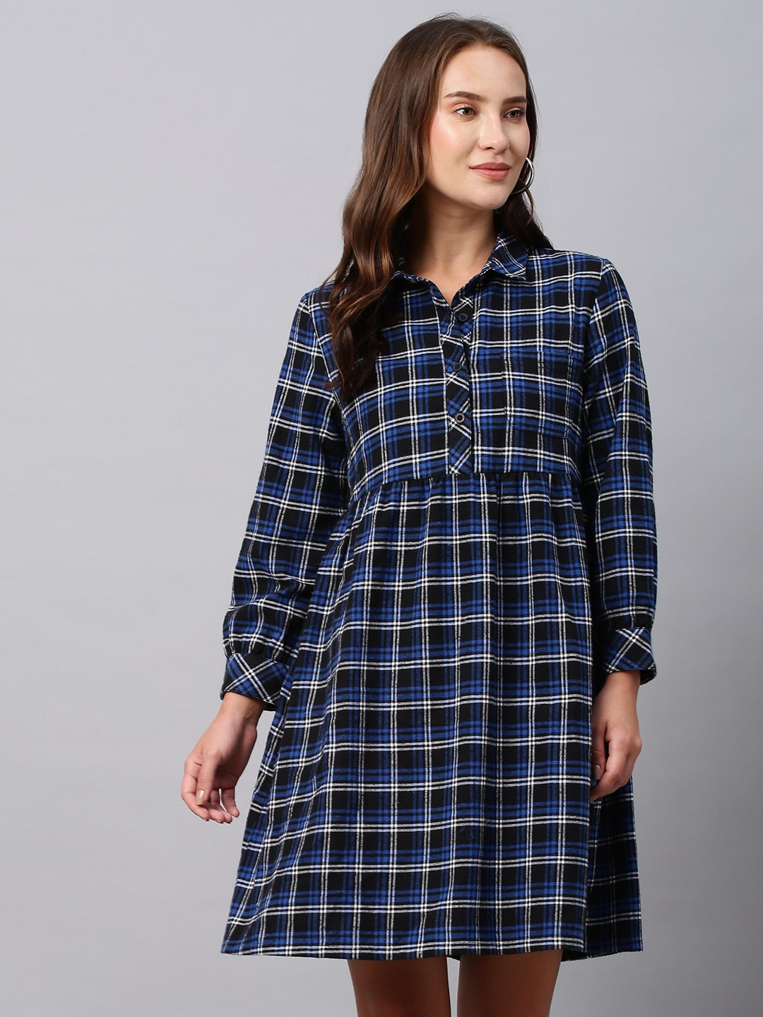 

Chemistry Black Checked Shirt Dress, Blue