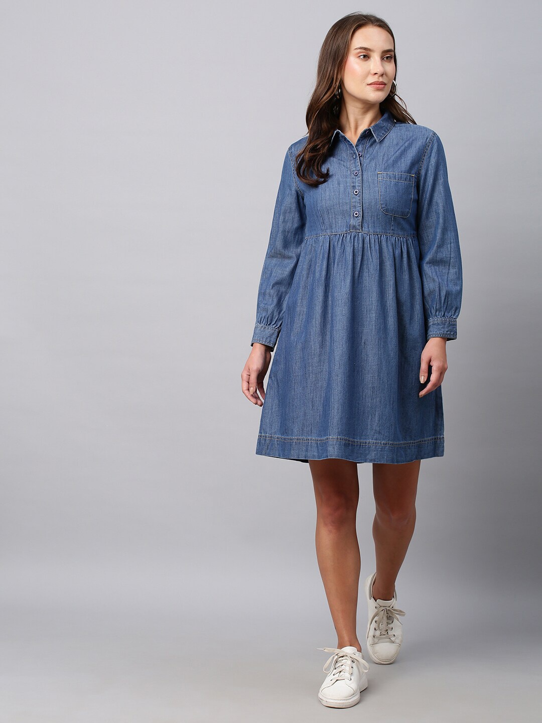 

Chemistry Pure Cotton Cuffed Sleeves Shirt Dress, Blue