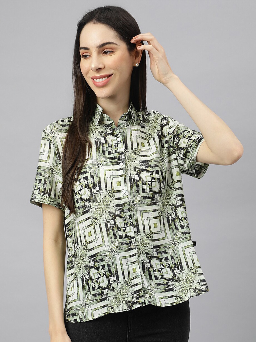 

VALBONE Classic Spread Collar Geometric Printed Modal Silk Casual Shirt, Green