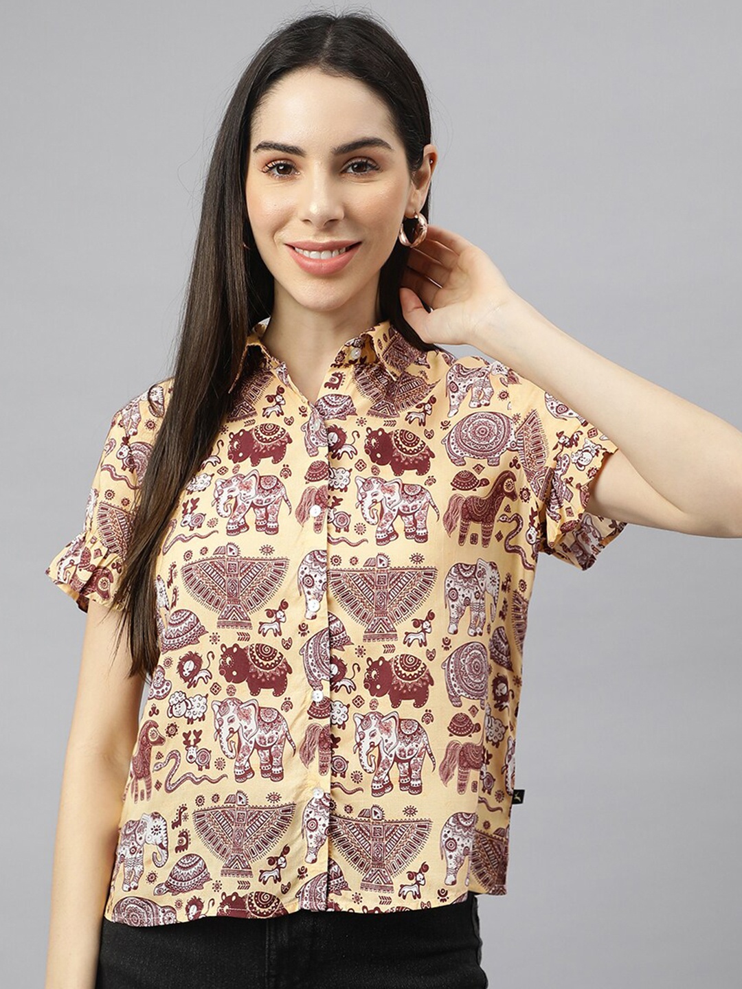 

VALBONE Classic Ethnic Motifs Printed Semi Sheer Casual Shirt, Brown