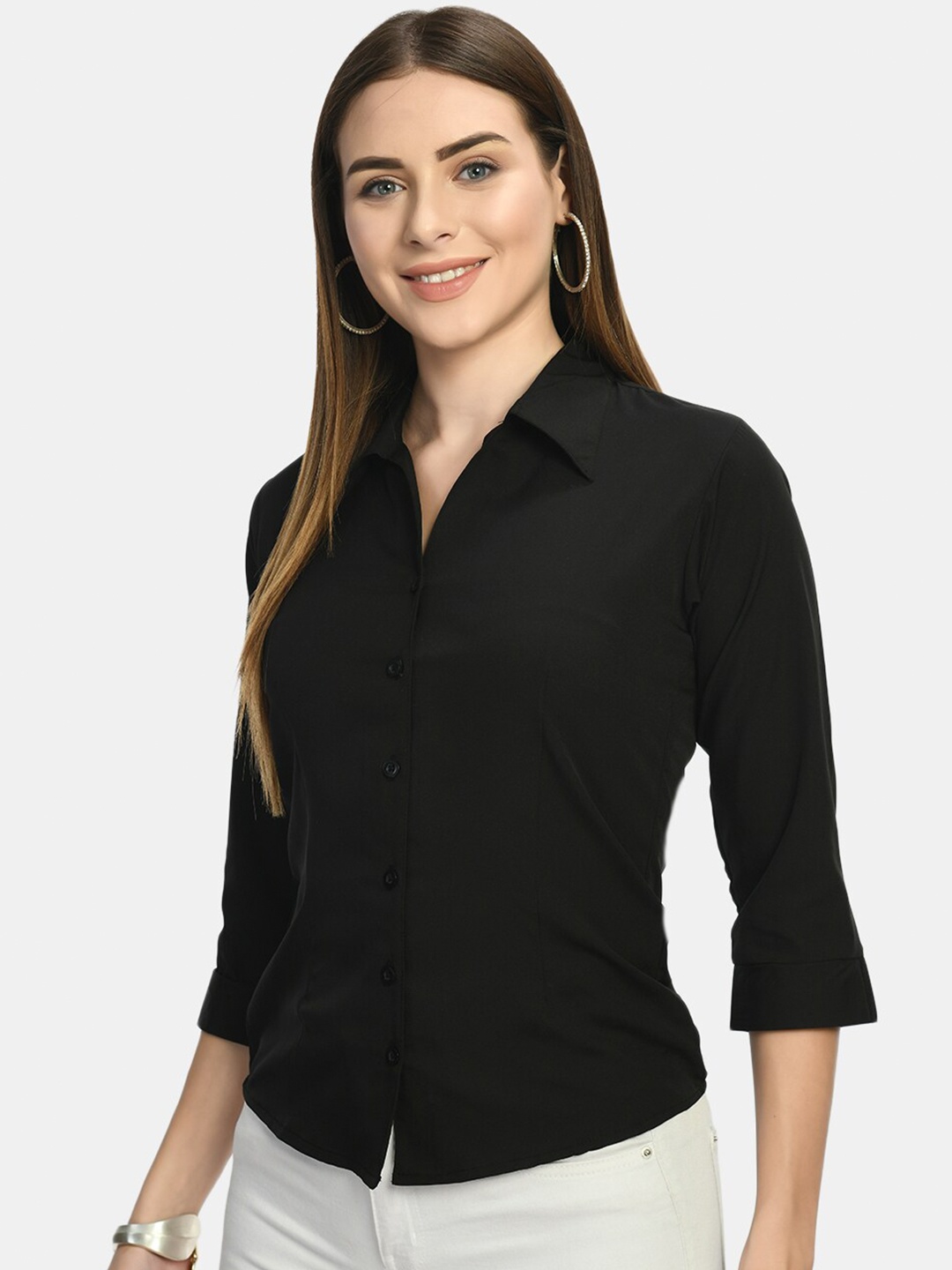 

KALINI Spread Collar Slim Fit Crepe Formal Shirt, Black
