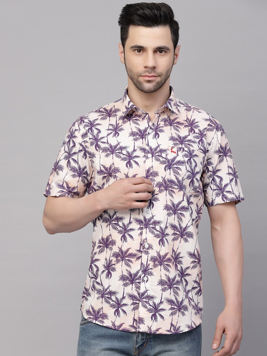 

VALBONE Men Classic Floral Printed Casual Cotton Shirt, Beige