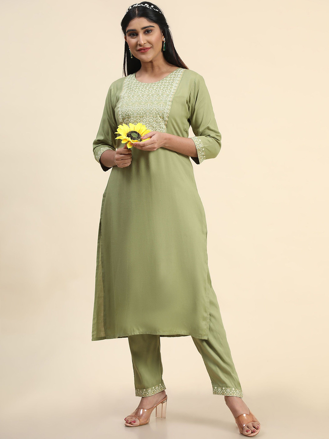 

KALINI Ethnic Motifs Printed Kurta with Trousers, Sea green
