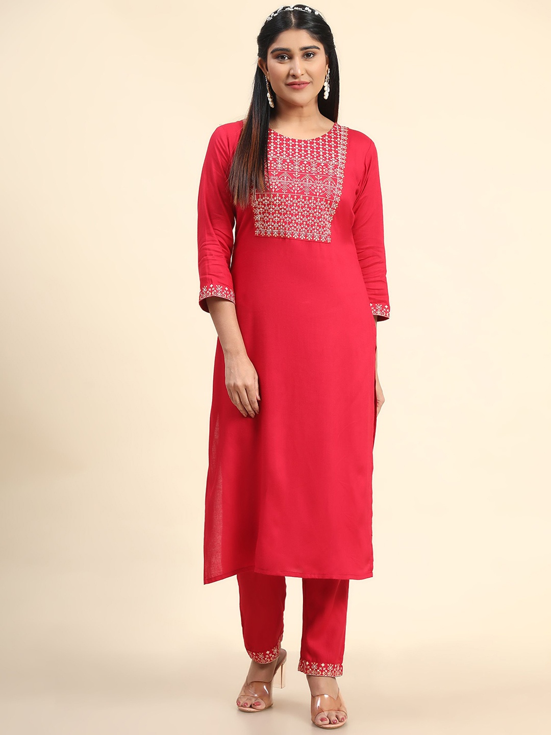 

KALINI Ethnic Motifs Printed Kurta with Trousers, Red