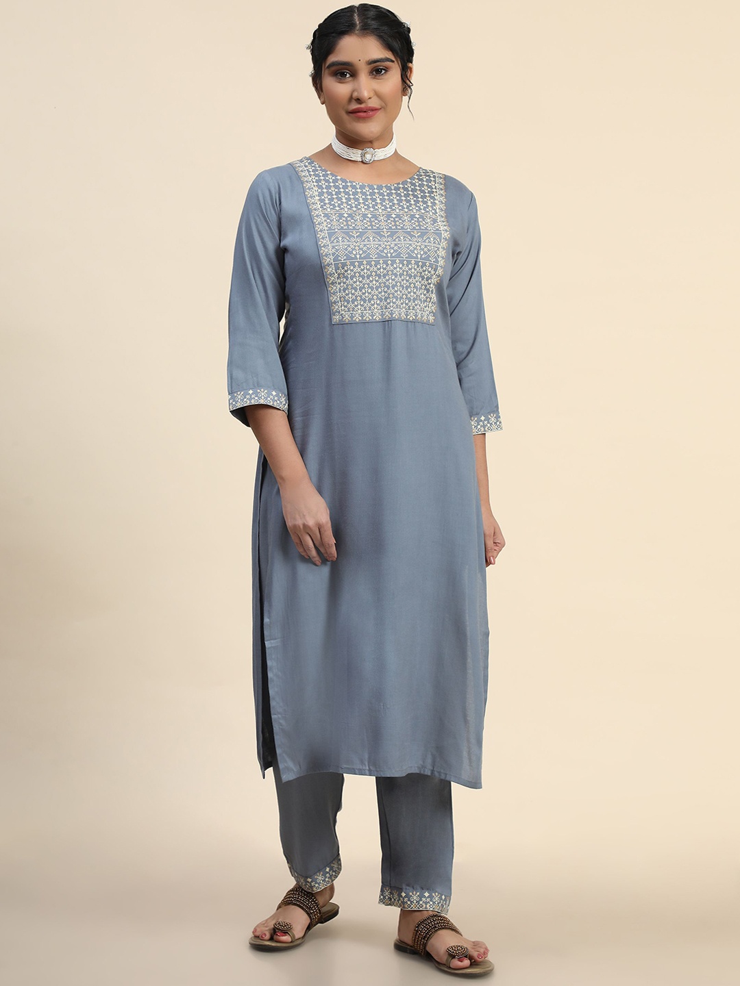 

KALINI Ethnic Motifs Printed Kurta with Trousers, Grey