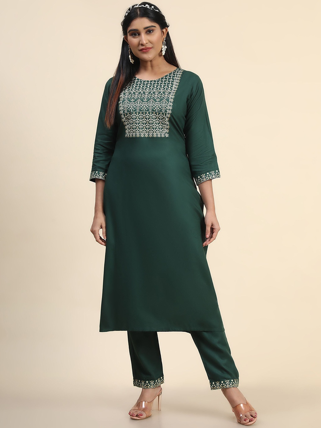 

KALINI Ethnic Motifs Printed Kurta with Trousers, Green