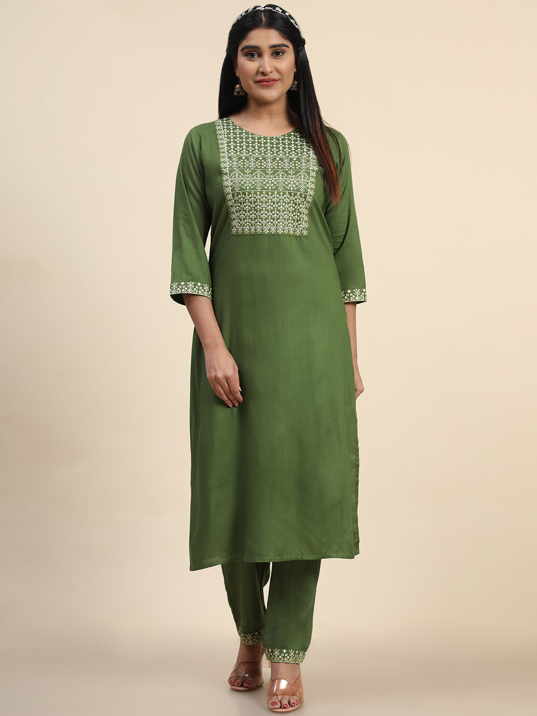 

KALINI Ethnic Motifs Printed Kurta with Trousers, Sea green