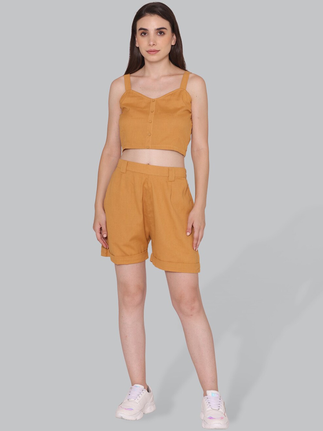 

CUFFS N LASHES Women Shoulder Straps Top & Shorts, Mustard