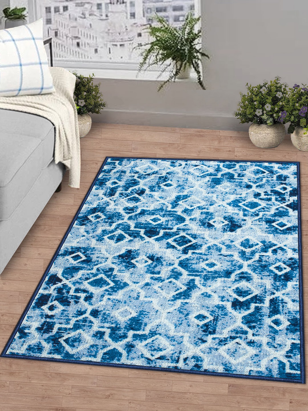 Story@home Blue & White Printed Anti-skid Rectangular Floor Carpet