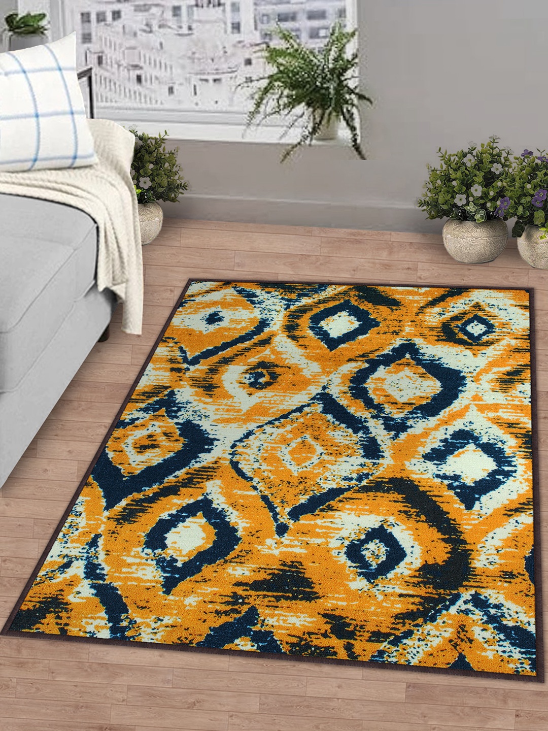 Story@home Yellow & Blue Printed Anti-Skid Rectangular Floor Carpet
