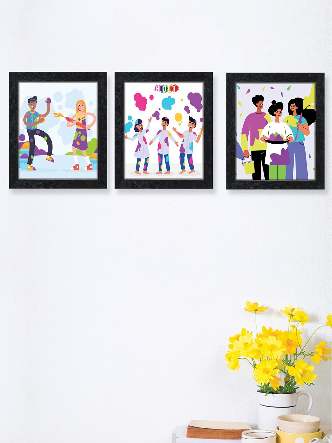 

nest ART 3 Pcs Multi-Coloured Family Holi Painting Framed Wall Arts