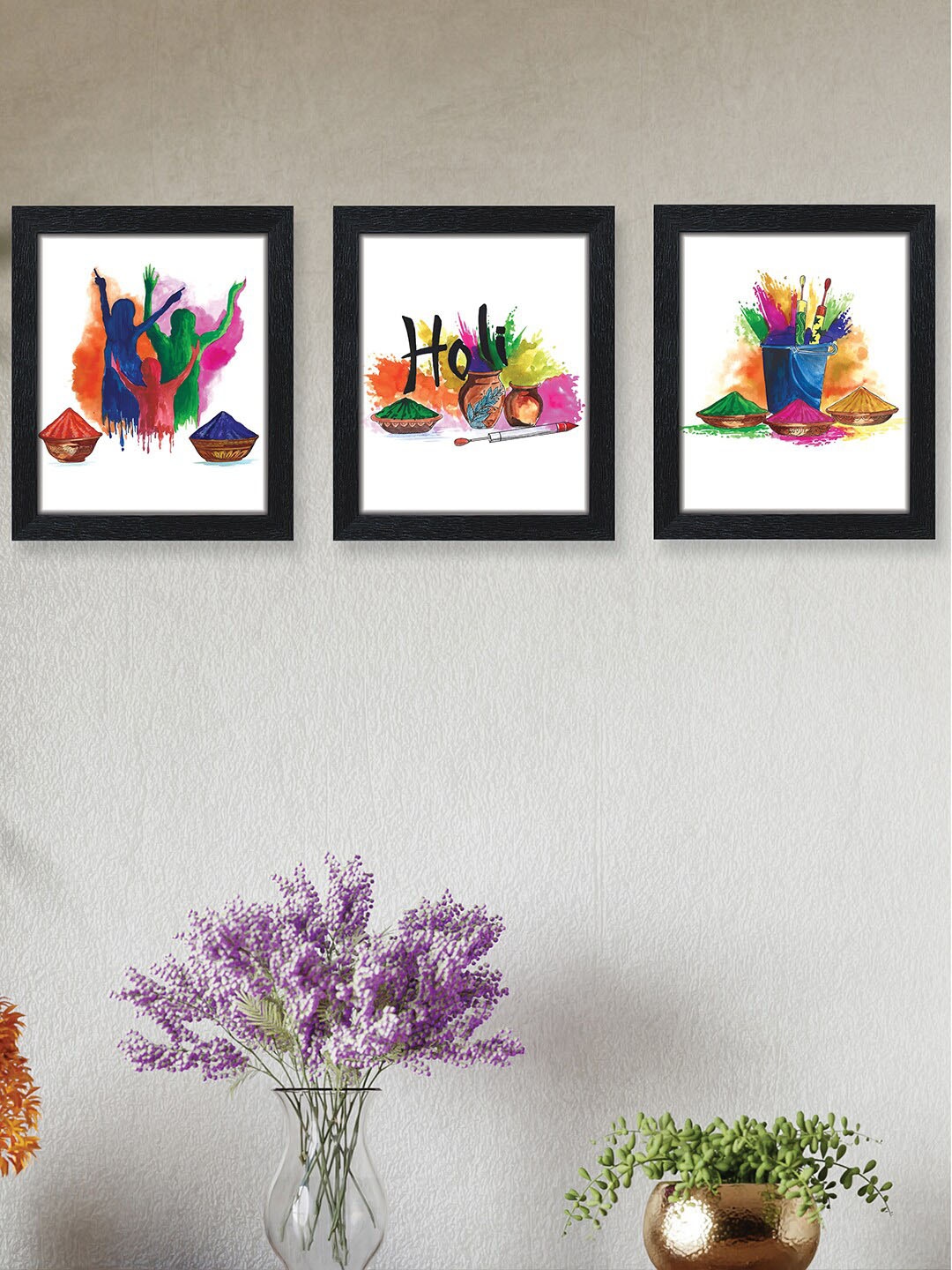 

nest ART 3 Pcs Multi-Coloured Happy Holi Painting Framed Wall Arts