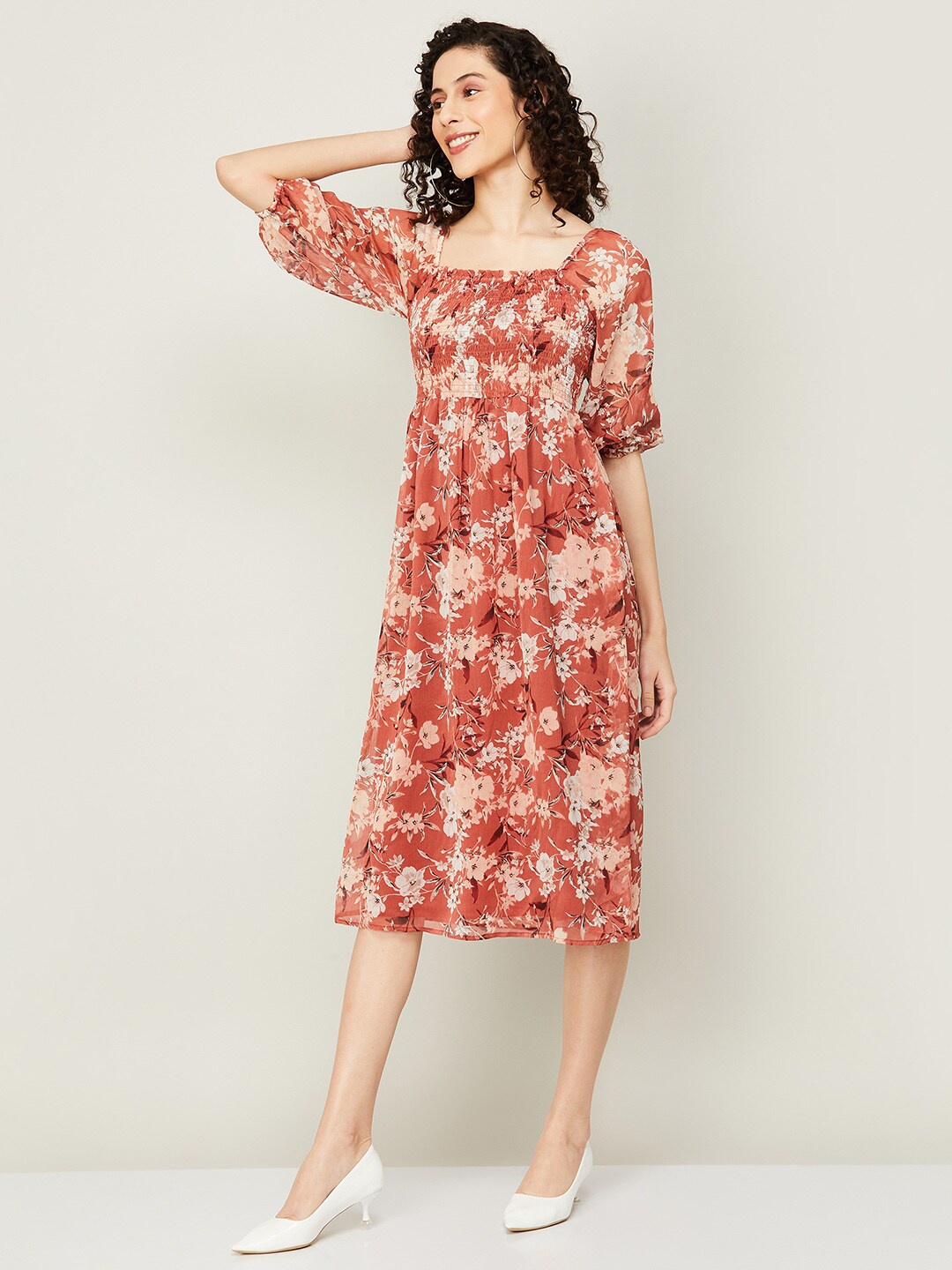 

CODE by Lifestyle Floral Printed Smocked A-Line Midi Dress, Rust