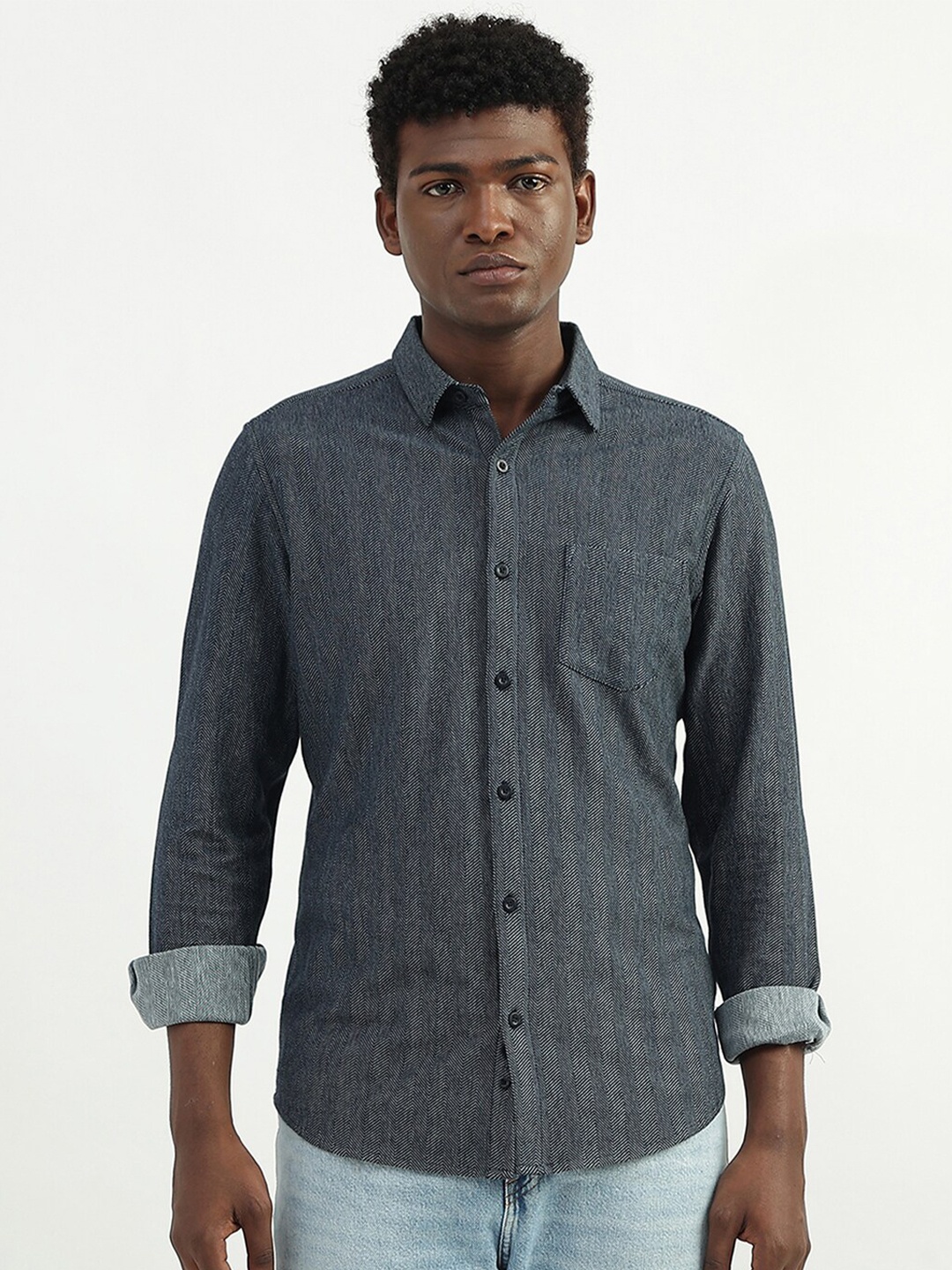 United Colors of Benetton Chevron Printed Casual Cotton Shirt, Black