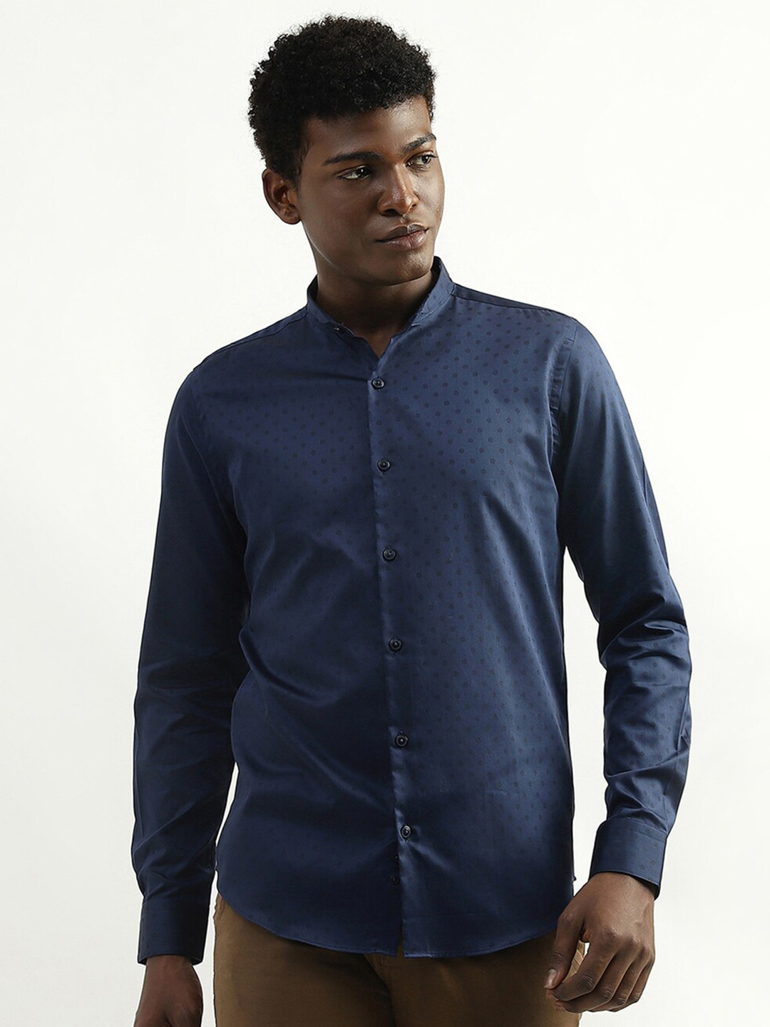 

United Colors of Benetton Spread Collar Slim Fit Polka Dot Printed Cotton Formal Shirt, Navy blue