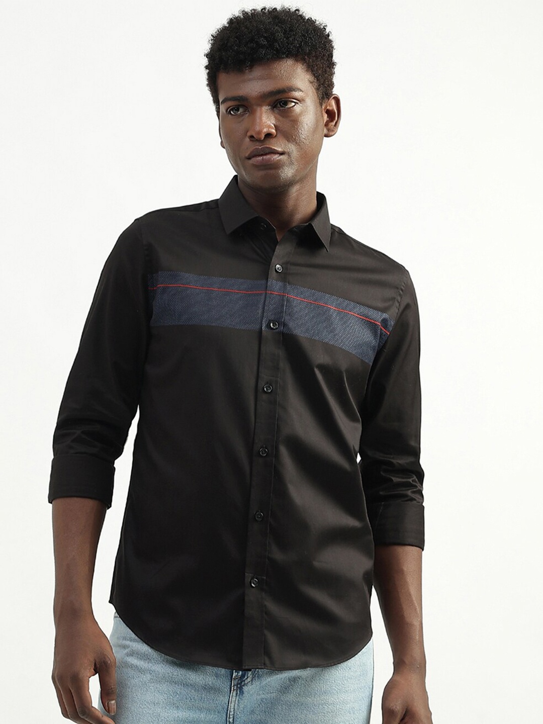 

United Colors of Benetton Slim Fit Horizontal Striped Casual Cotton Shirt, Black