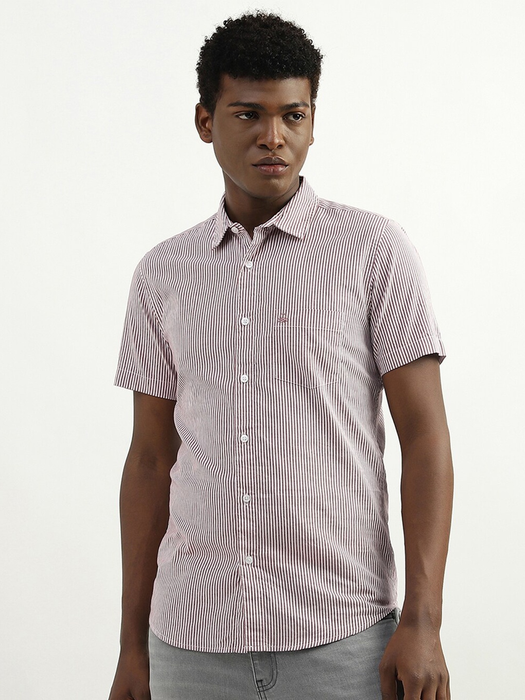 

United Colors of Benetton Slim Fit Vertical Striped Casual Cotton Shirt, Mauve