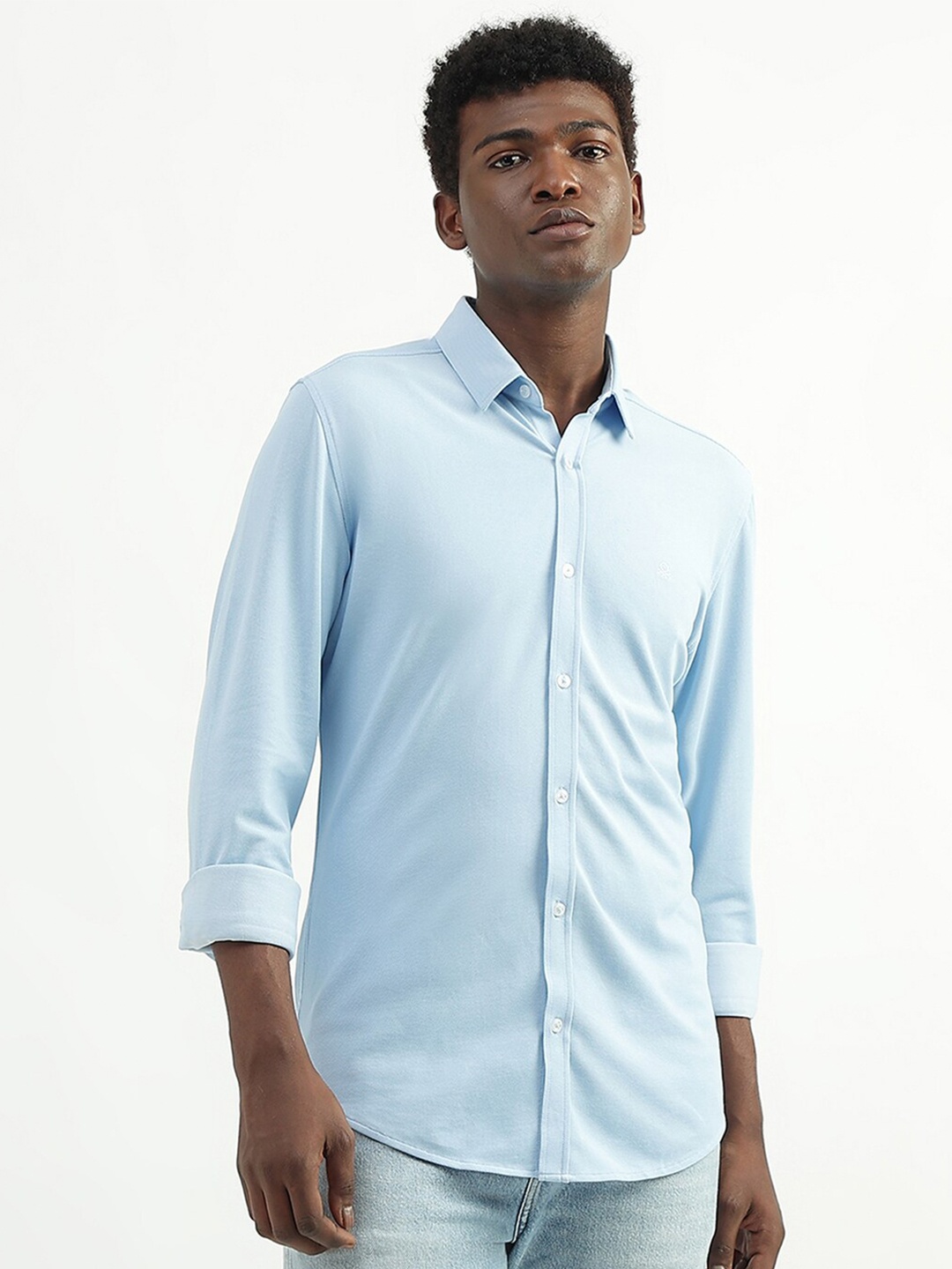 

United Colors of Benetton Long Sleeves Button Cuff Slim Fit Casual Shirt, Blue