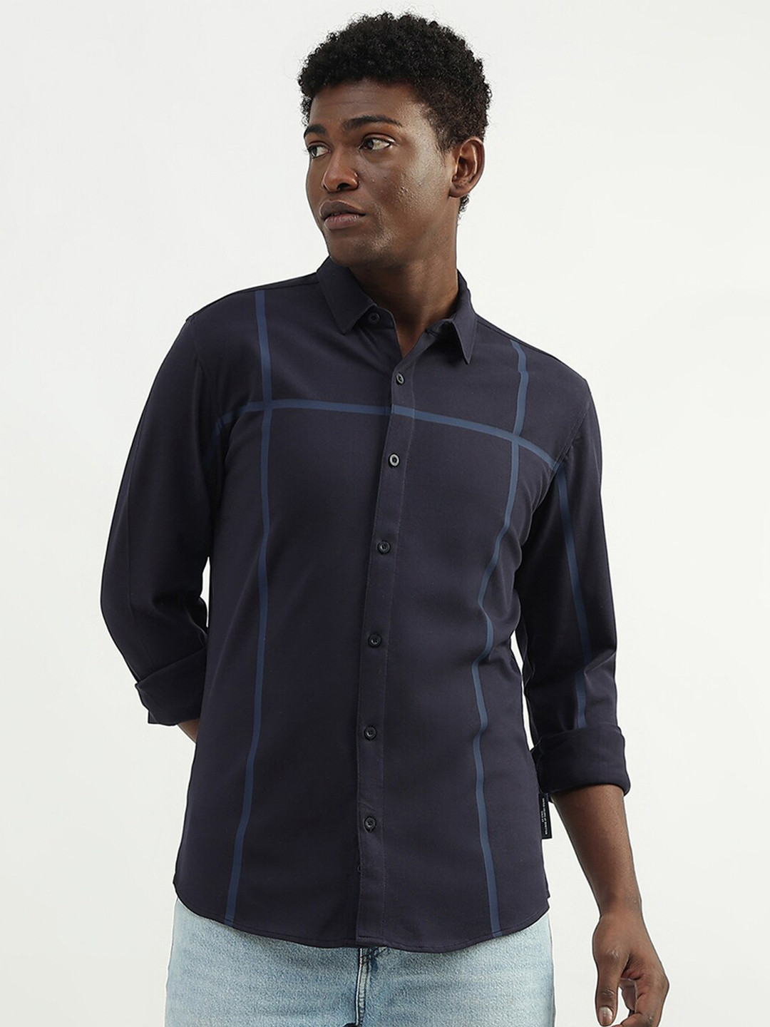 

United Colors of Benetton Printed Spread Collar Shirt, Navy blue