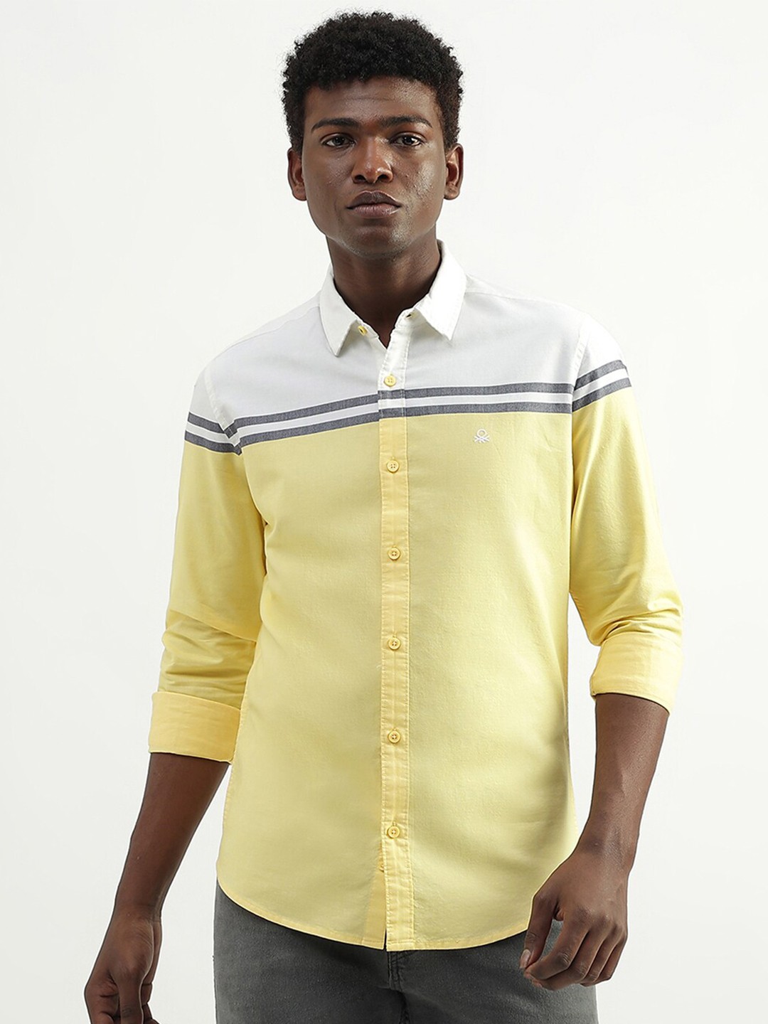 

United Colors of Benetton Spread Collar Slim Fit Colourblocked Printed Cotton Casual Shirt, Yellow