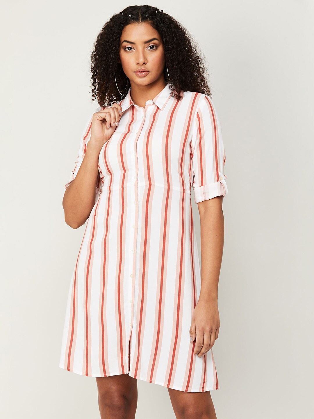 

Fame Forever by Lifestyle Striped Roll-Up Sleeves Shirt Dress, Off white