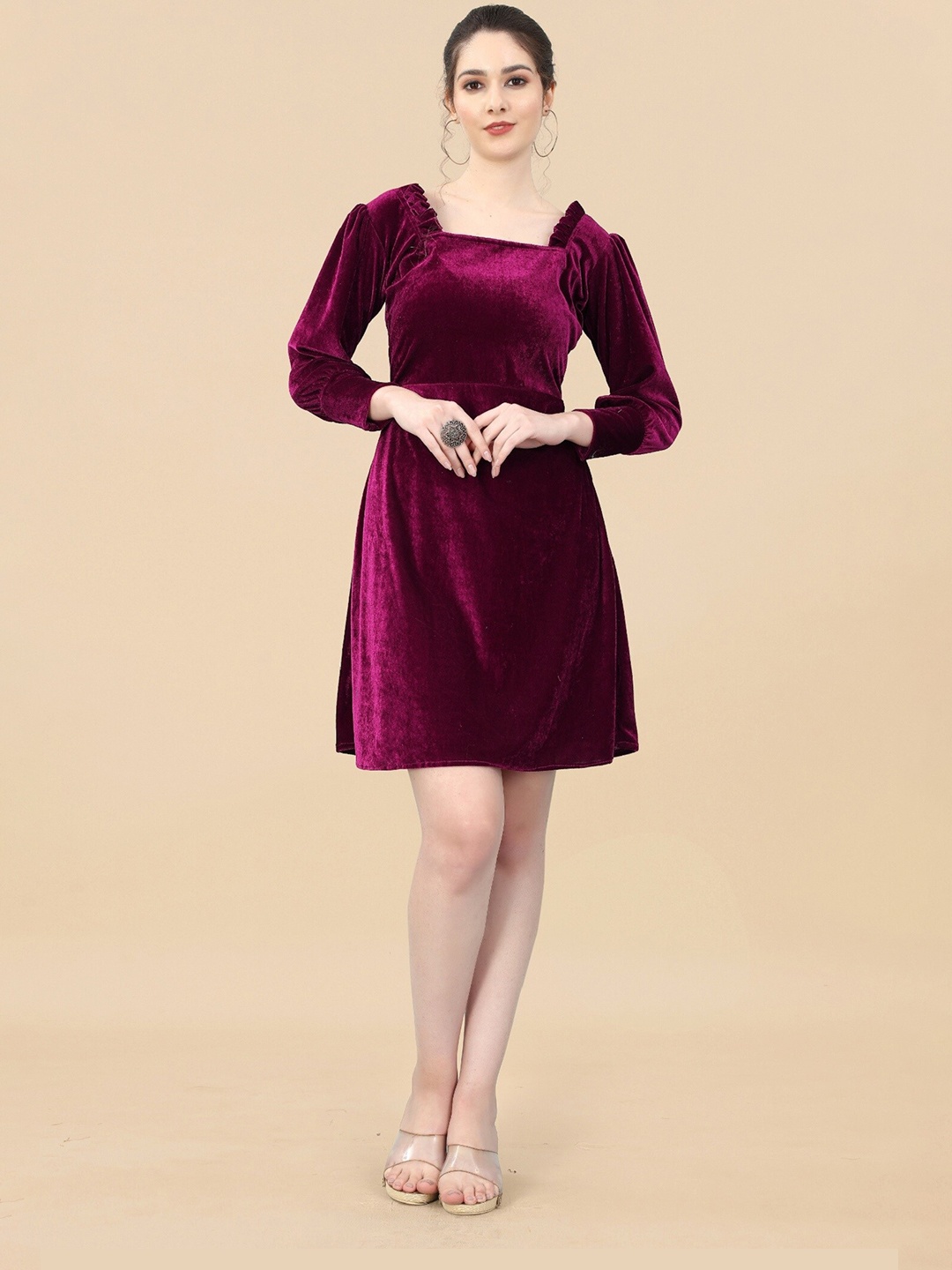 

APNISHA Velvet A-Line Dress, Magenta
