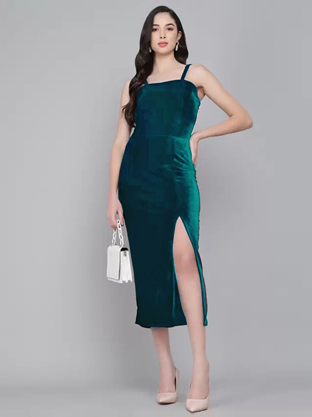 

APNISHA Shoulder Straps Velvet Sheath Midi Dress, Green