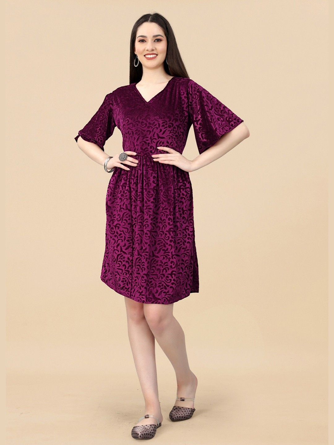 

APNISHA Floral Self design Bell Sleeves Velvet A-Line Dress, Magenta