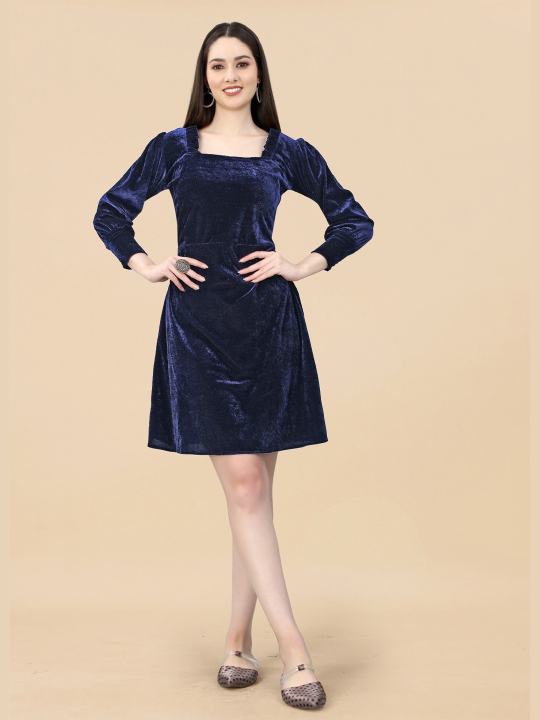 

APNISHA Square Neck Velvet A-Line Dress, Navy blue