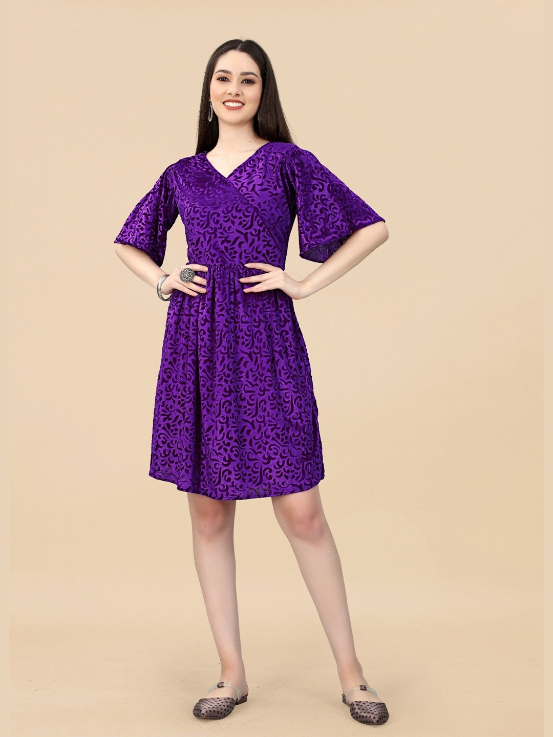 

APNISHA Self Design Velvet Wrap Dress, Purple