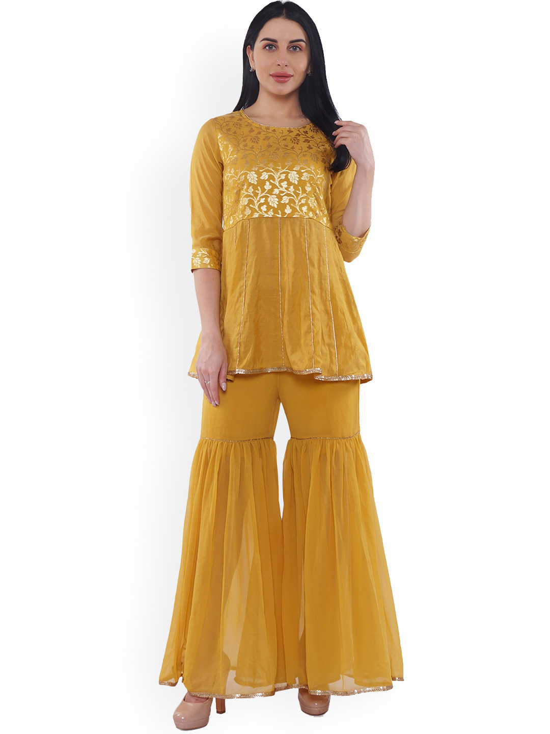 

Be Indi Floral woven Design Empire Chanderi Silk Kurti with Sharara, Mustard