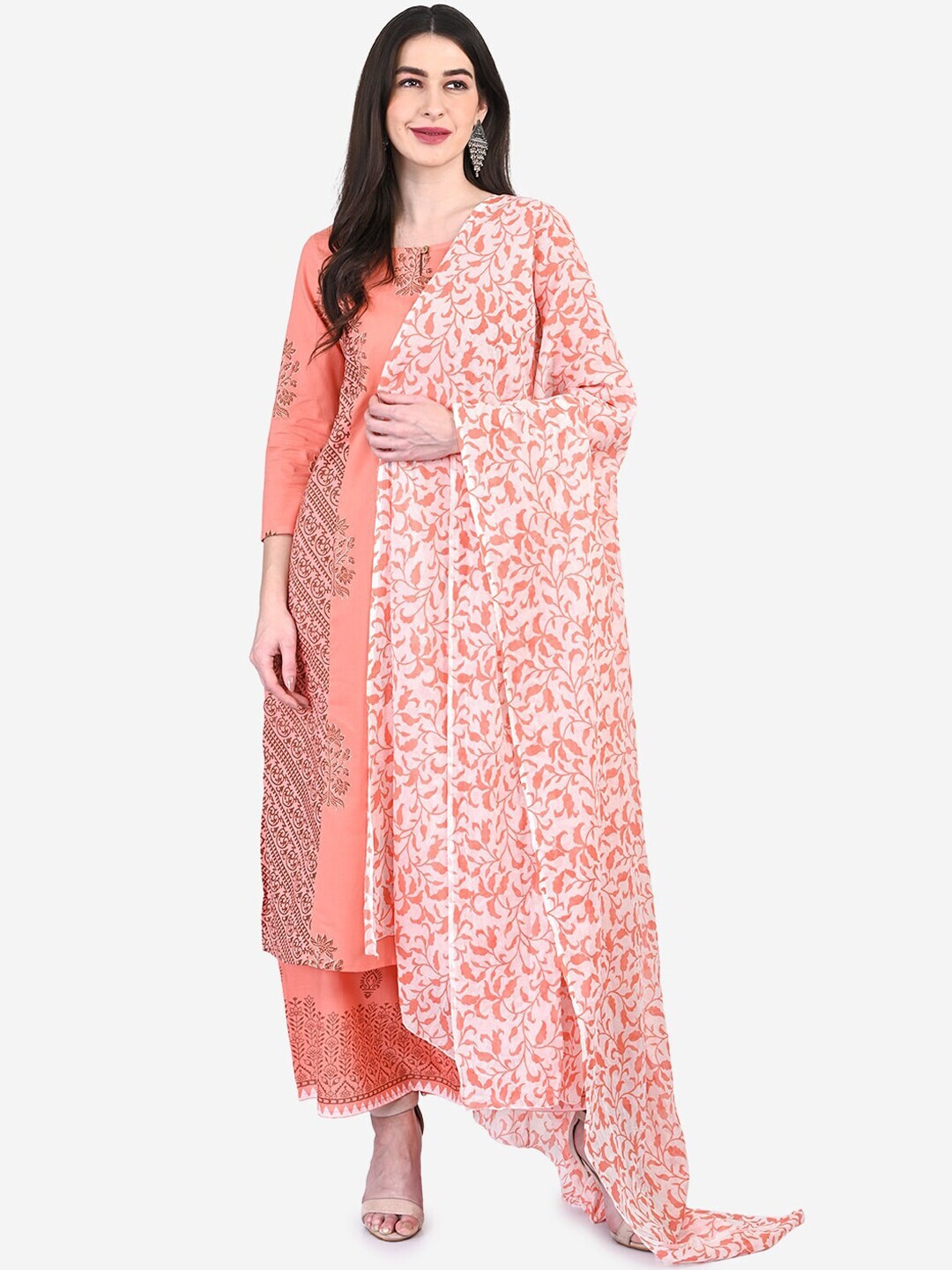 

Be Indi Floral Printed Pure Cotton Kurta with Palazzos & Dupatta, Peach