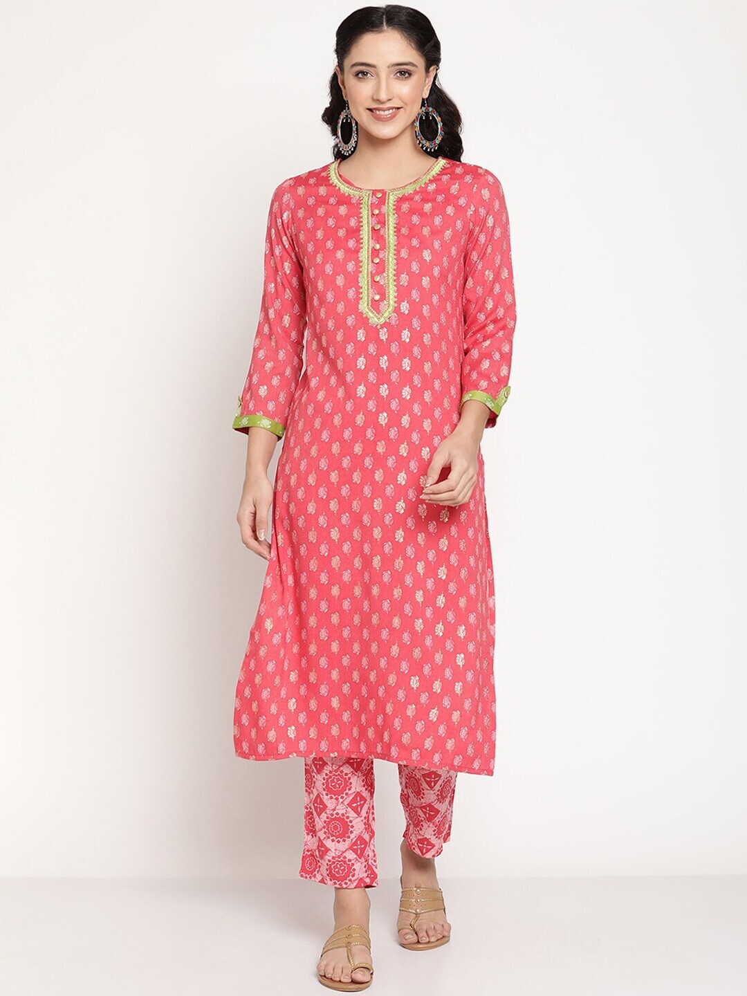 Be Indi Women Floral Printed Straight Kurta with Trousers Set, Coral