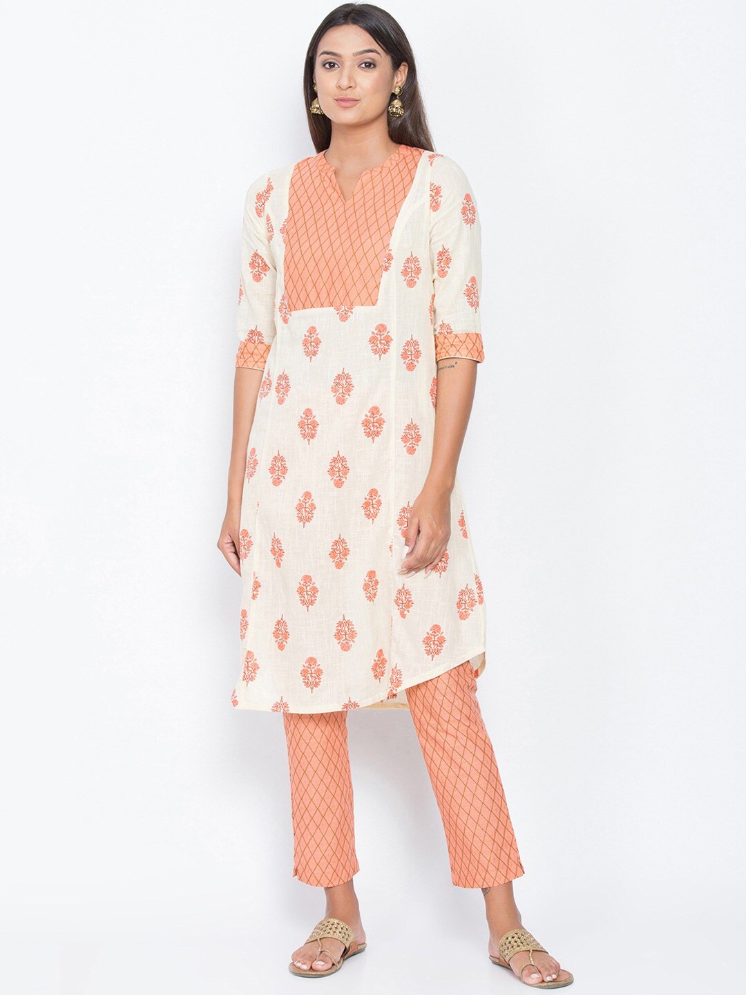 

Be Indi Floral Printed Pure Cotton Kurta with Trousers, Peach