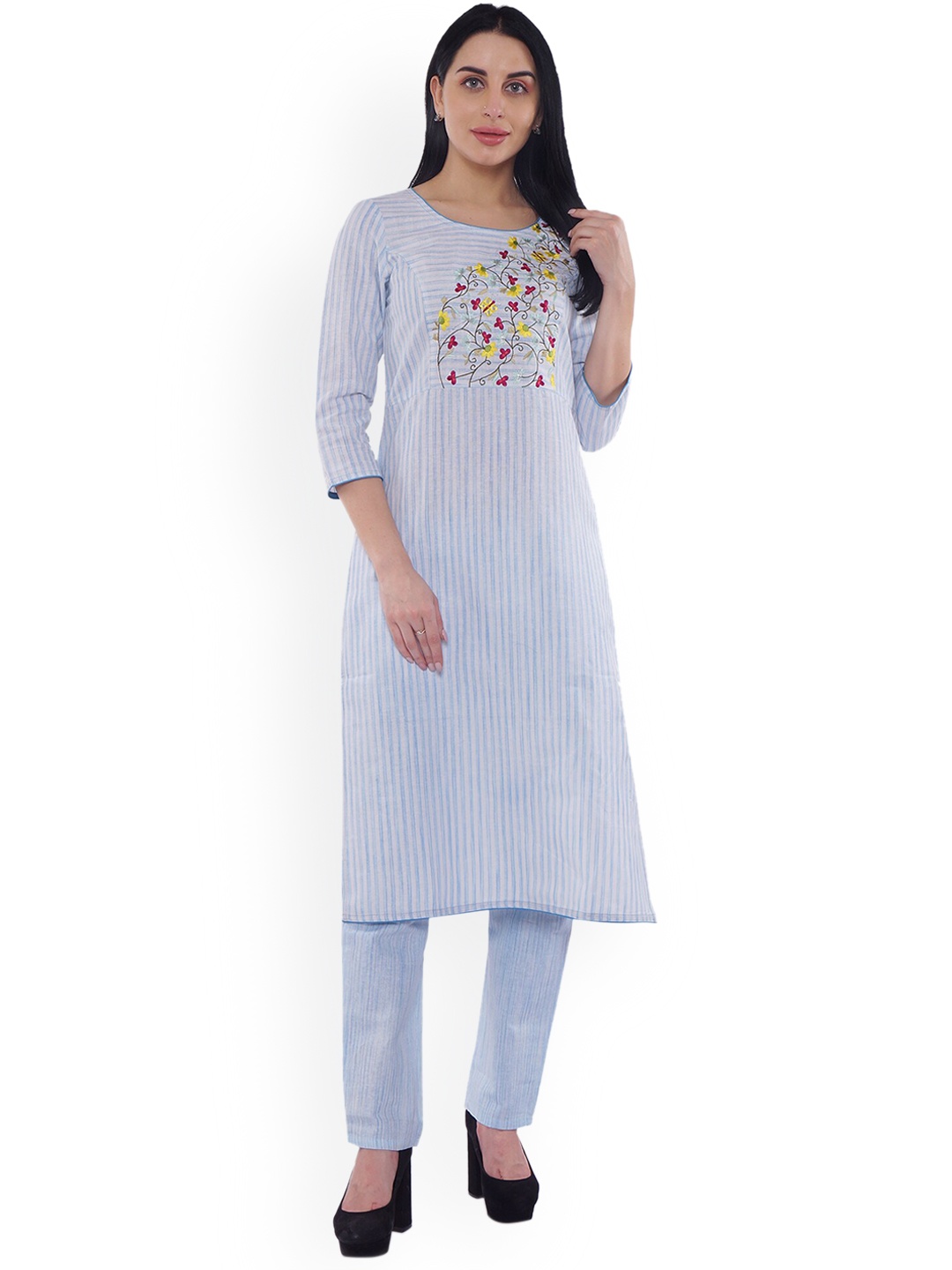 

Be Indi Floral Embroidered Pure Cotton Kurta with Trousers, Blue