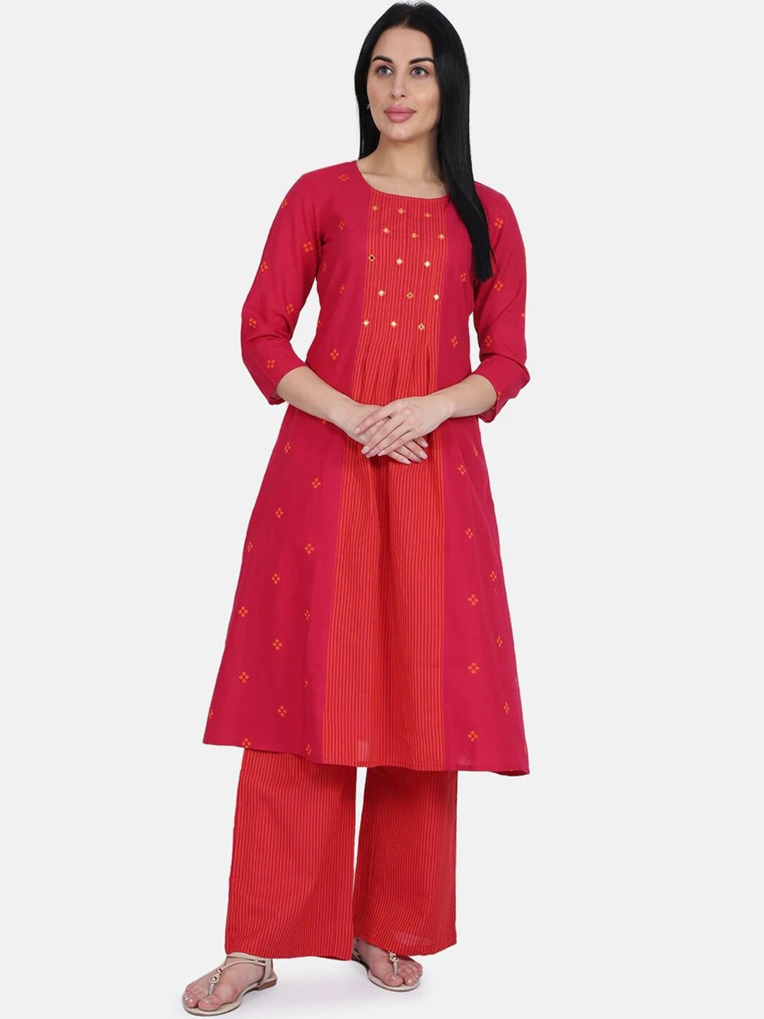 

Be Indi Floral Printed Mirror Work Pure Cotton Kurta With Palazzos, Red