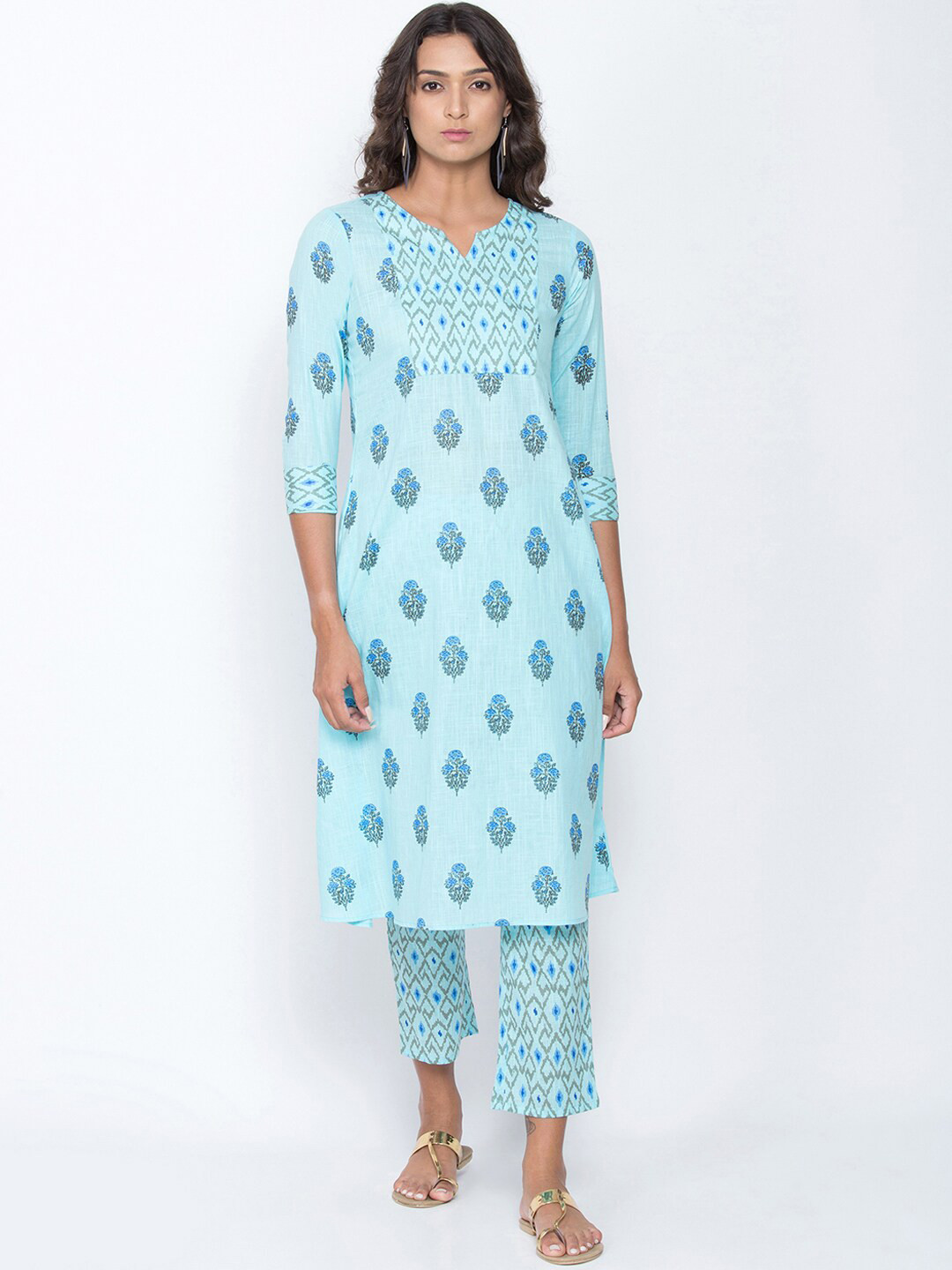 

Be Indi Floral Printed Pure Cotton Kurta With Trousers, Blue