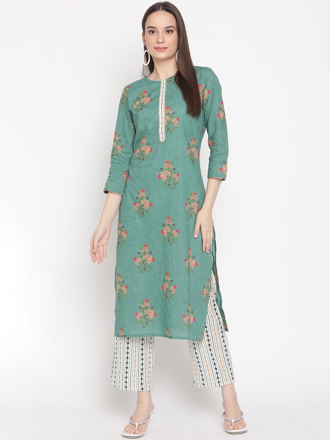 

Be Indi Women Floral Printed Straight Kurta with Trousers Set, Green